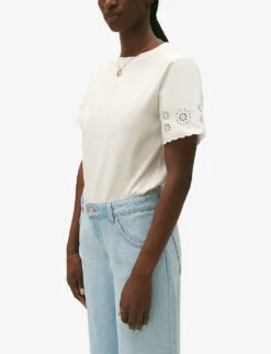 CLAUDIE PIERLOT Trad Broderie Anglaise-sleeve Cotton T-shirt -Whistles Shop R04189902 NATURELS ALT02