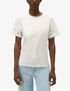 CLAUDIE PIERLOT Trad Broderie Anglaise-sleeve Cotton T-shirt -Whistles Shop R04189902 NATURELS ALT04