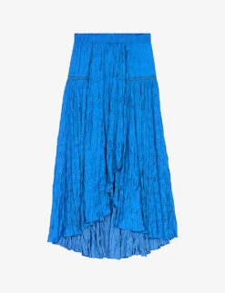 Maje Japra Smocked-hem Asymmetric-waist Satin Midi Skirt