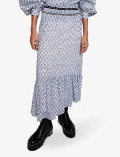 Maje Jachelona Monogram-print Ruffle-trim Woven Midi Skirt -Whistles Shop R04190314 IMPRIME ALT02
