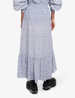 Maje Jachelona Monogram-print Ruffle-trim Woven Midi Skirt -Whistles Shop R04190314 IMPRIME ALT03