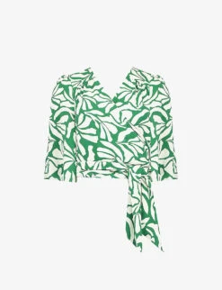 Graphic-print Wide-sleeve Woven Wrap Top