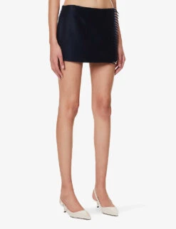 Prada Low-rise Logo-patch Cashmere Mini Skirt -Whistles Shop R04192406 BLEU ALT02