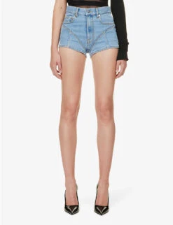 Mugler Crystal-embellished Mid-rise Stretch-denim Shorts -Whistles Shop R04192667 LIGHTBLUE ALT02