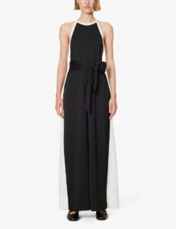 ME AND EM Halterneck Wide-leg Recycled-polyester Jumpsuit -Whistles Shop R04194852 BLACKCREAM ALT02