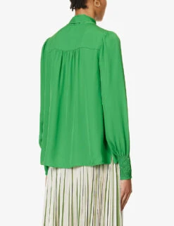ME AND EM Shirred-trim Self-tie Silk Blouse -Whistles Shop R04194877 RAINFORESTGREEN ALT03