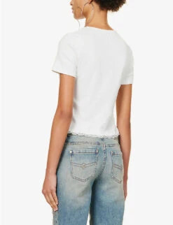 Blumarine Logo Rhinestone-embellished Stretch-cotton T-shirt -Whistles Shop R04199733 BIANCONATURALE ALT03