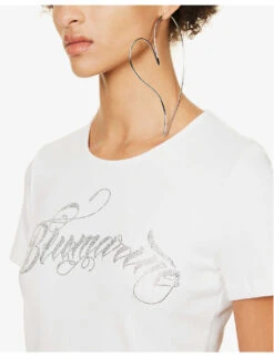 Blumarine Logo Rhinestone-embellished Stretch-cotton T-shirt -Whistles Shop R04199733 BIANCONATURALE ALT04