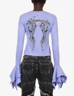 Blumarine Brand-print Ruffled-cuff Slim-fit Cotton-jersey T-shirt -Whistles Shop R04199735 ULTRAVIOLETDAL ALT03