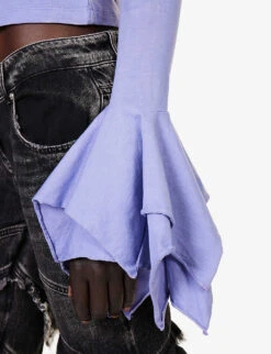 Blumarine Brand-print Ruffled-cuff Slim-fit Cotton-jersey T-shirt -Whistles Shop R04199735 ULTRAVIOLETDAL ALT04