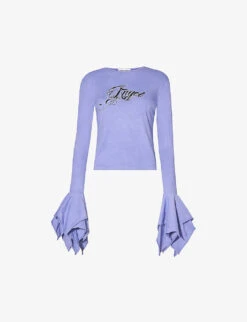 Blumarine Brand-print Ruffled-cuff Slim-fit Cotton-jersey T-shirt